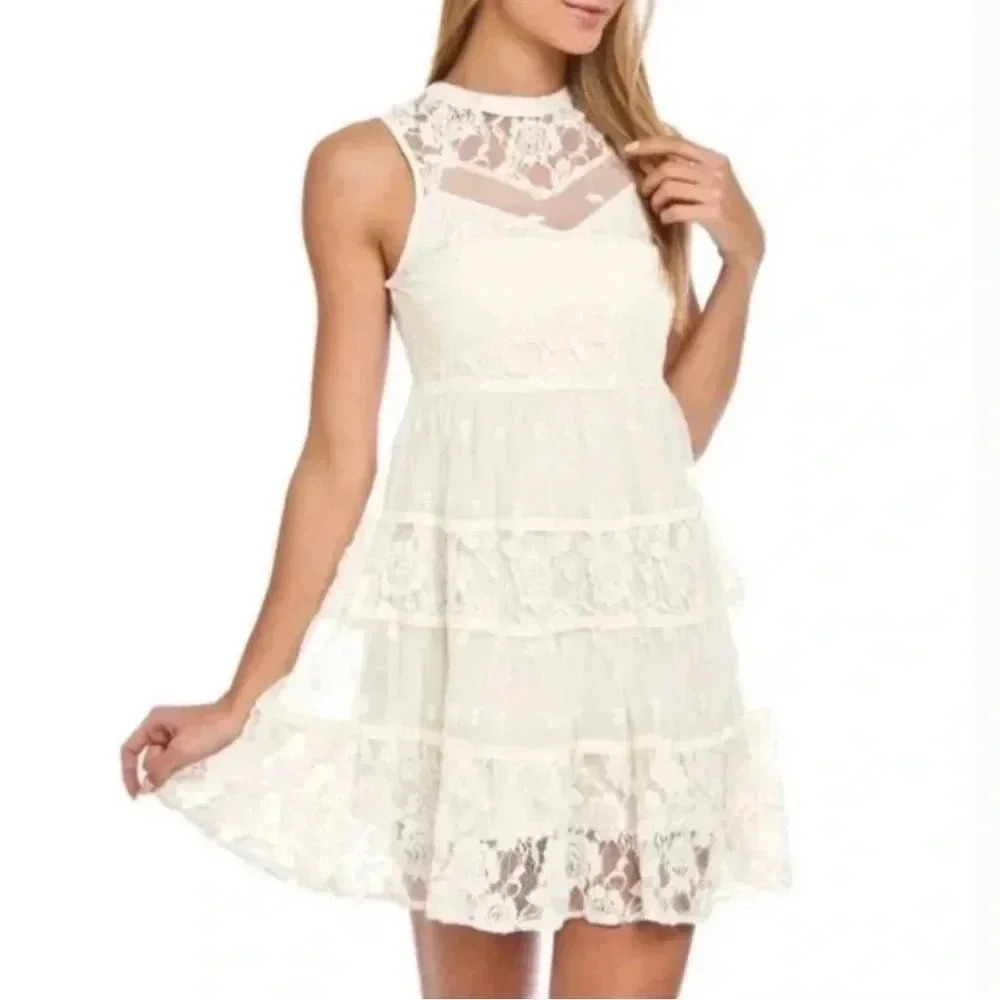 Rebellion Boho White Ivory Lace Mini Flowy Dress Size Medium